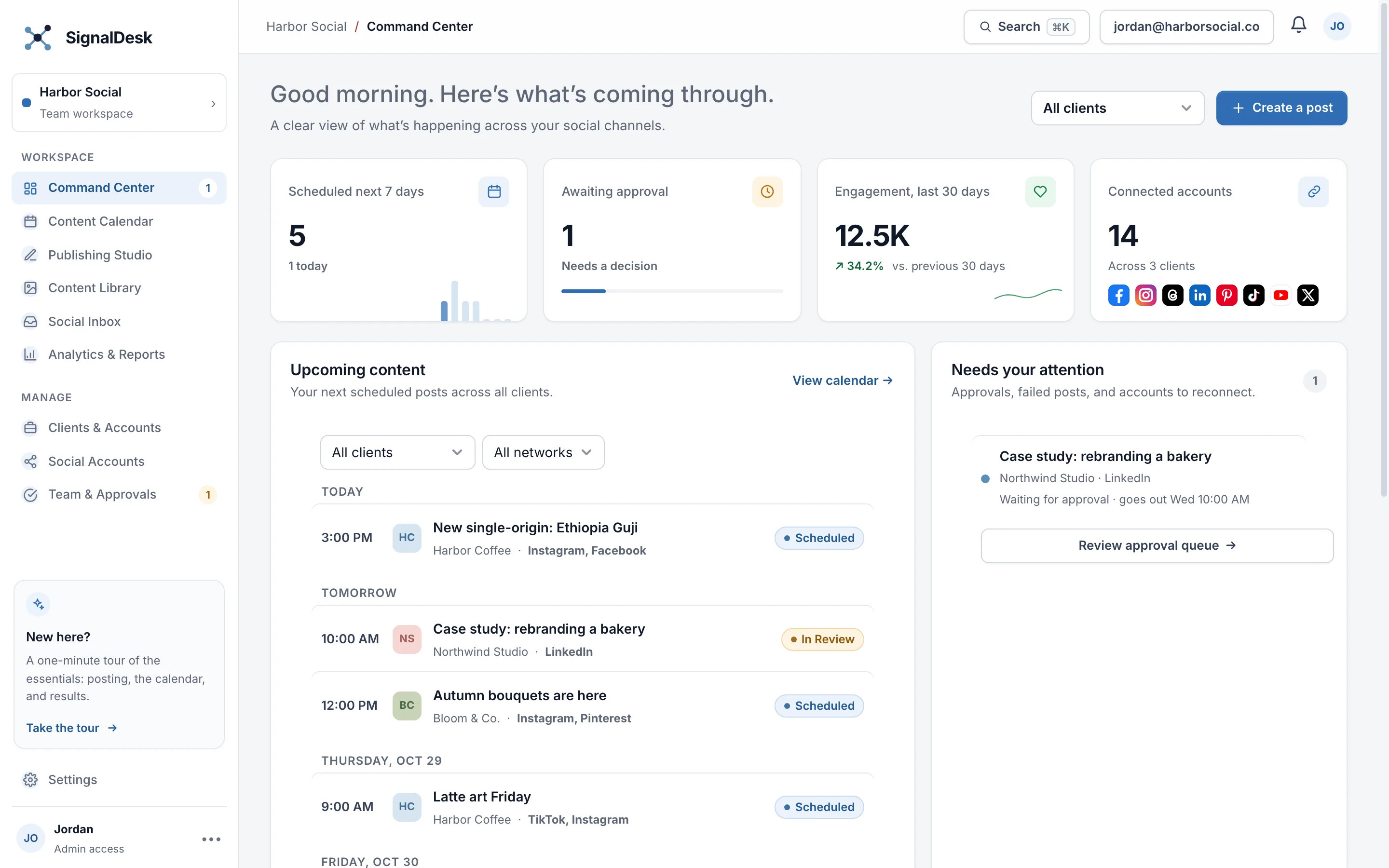 The SignalDesk Command Center: scheduled posts, approvals, engagement, and connected accounts for several clients